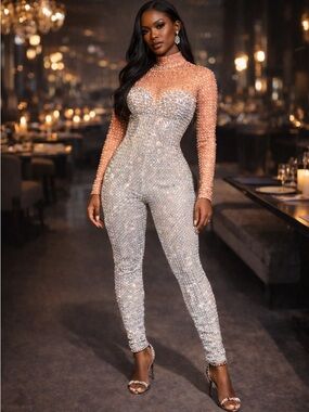 Pearl-Embellished Sheer Bodysuit Jumpsuit - Silver/Pink